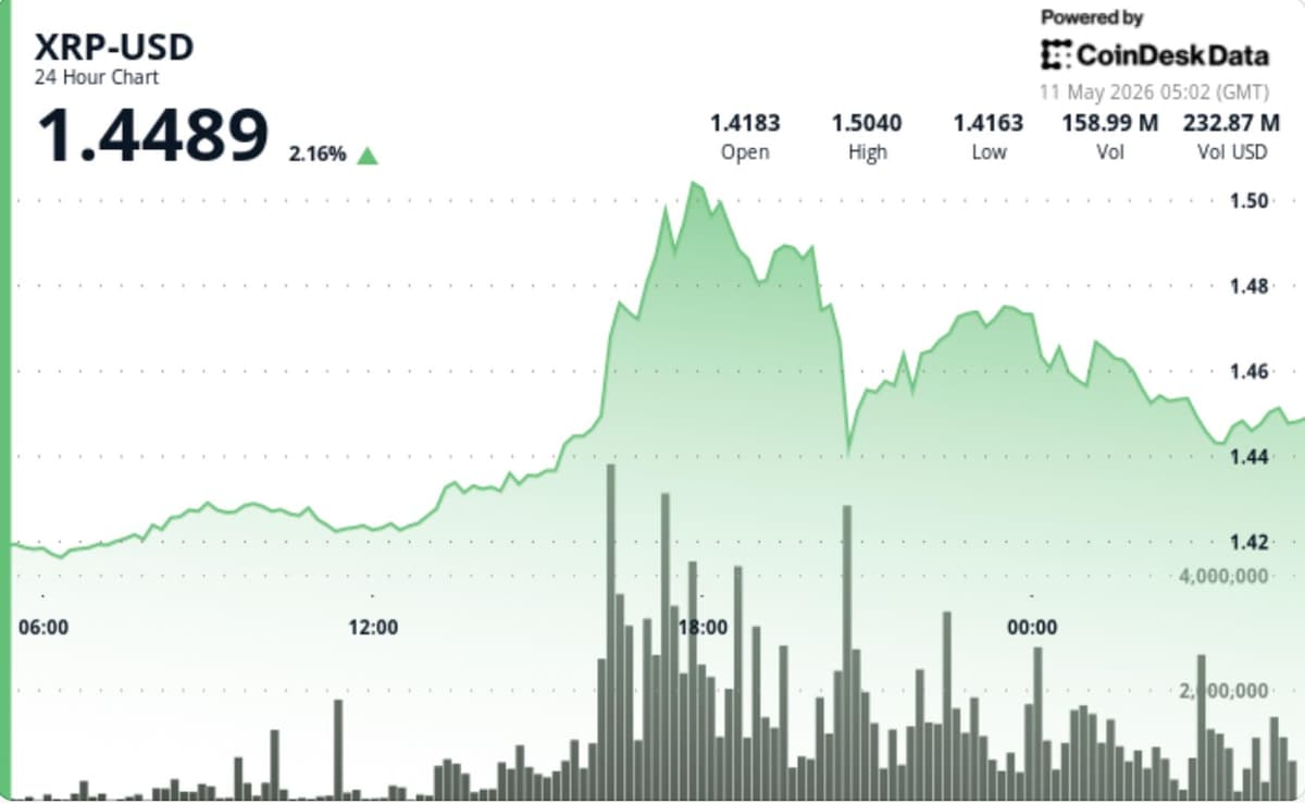XRP registra alta de 2,5%, superando bitcoin e ether, após romper a barreira de $1,45