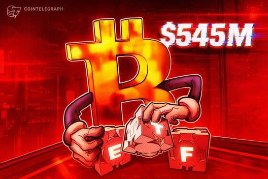 ETFs de Bitcoin enfrentam saídas de US$ 545 milhões enquanto BTC se aproxima dos US$ 70 mil