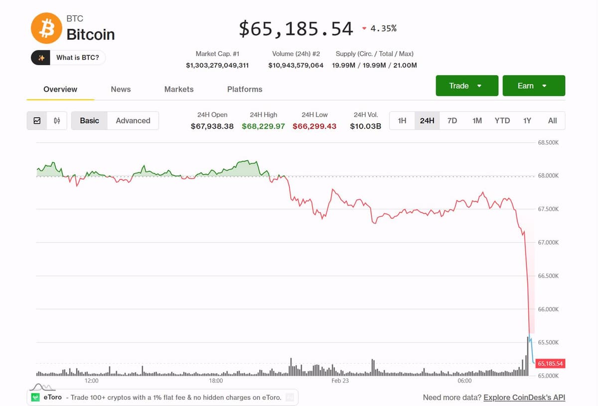 Bitcoin cai 5% e despenca abaixo de US$ 65.000 com vendas de baleias e perdas de novos investidores
